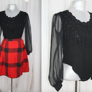 1970s Vintage Size S –L Black Bodysuit With Glitter Fringe Neckline Sheer Chiffon Cuffed Sleeves