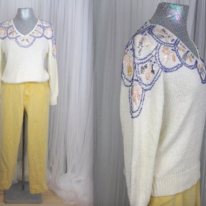 Vintage 1990s Size M/L White Sweater With Beading Peach Purple Silver Details V-neck Sweater Women’s Vintage Sweater
