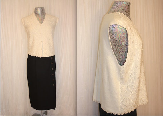 1990s Vintage Up To Size XL Cream Pearl Beaded Sw… - image 1