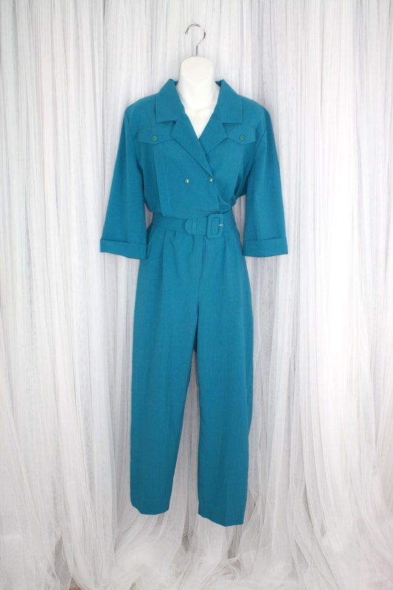 1980s Vintage Size M/L Turquoise Jumpsuit Double … - image 2