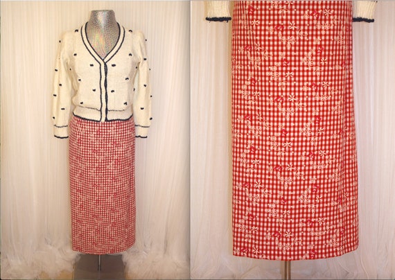 1980s Size M/L Vintage Red Plaid Maxi Skirt Draws… - image 1