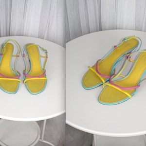 Vintage 1990s Size 7 Strappy Colour Block Heels Yellow Pink And Blue Strappy Summer Sandals Kitten Heel