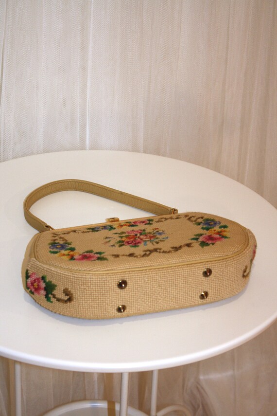 1950s Size Medium Tapestry Bag Purse Beige with C… - image 6