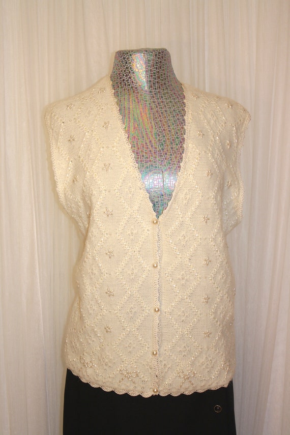 1990s Vintage Up To Size XL Cream Pearl Beaded Sw… - image 3