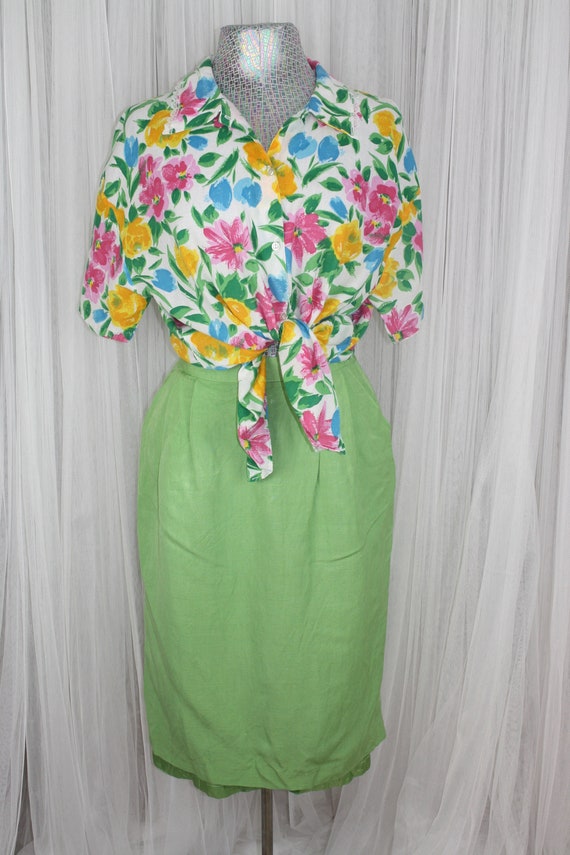 1970s Vintage Size S/M Lime Green Summer Pencil Skirt Linen Blend