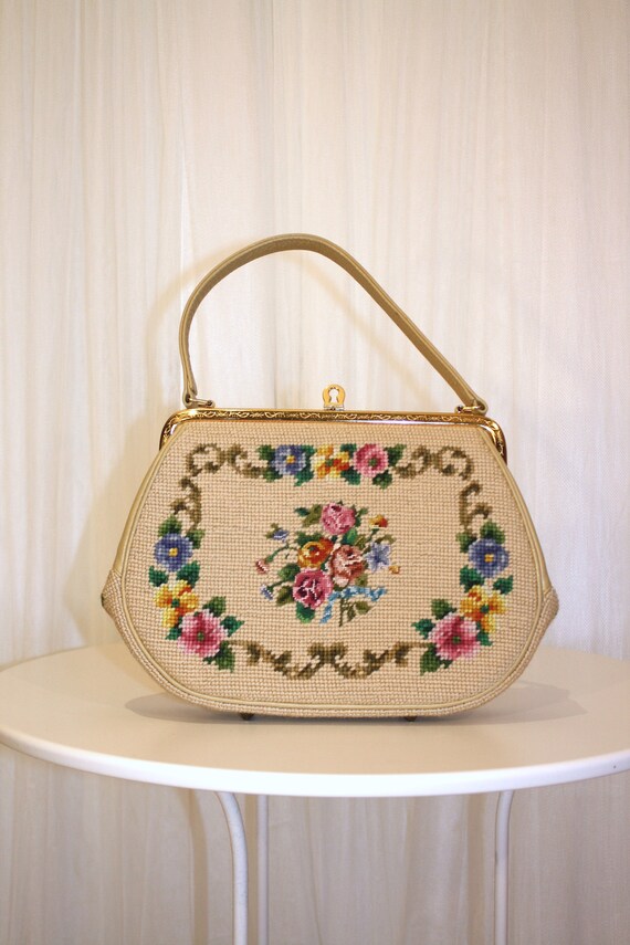 1950s Size Medium Tapestry Bag Purse Beige with C… - image 2