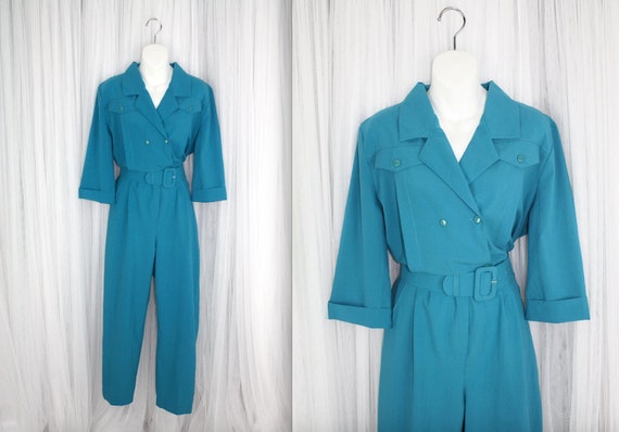 1980s Vintage Size M/L Turquoise Jumpsuit Double … - image 1