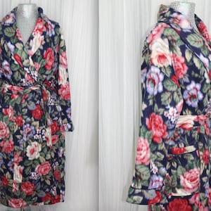 Vintage 1980s Size Large/Xlarge Floral Pattern Fleece Plush Robe Loungewear