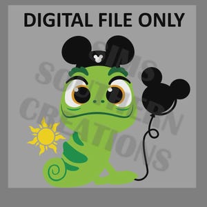 May include: A digital file featuring a cartoon chameleon in green with large, expressive eyes. The chameleon wears a black Mickey Mouse ear hat and holds a black Mickey Mouse balloon. A yellow sun is also included. The text "DIGITAL FILE ONLY" is at the top.