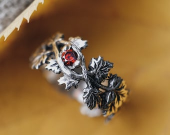 Oxidized Sterling Silver Maple Leaf Ring: Red Cubic Zirconia, Autumn Jewelry