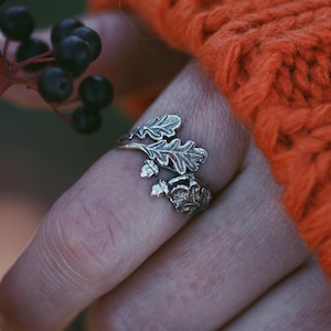 Ahorn Eichen Ring, Blatt Ring aus Sterling Silber, Herbstwald Schmuck, Natur inspiriert Ring, Eiche und Eichel