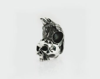 Bead "Raven on Skull", halloween bead, halloween gift, silver beads, silver jewelry, handmade jewelry