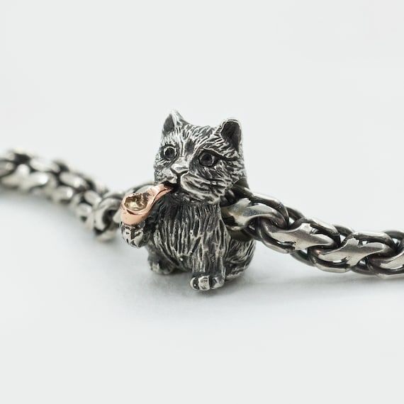 Design Spoo | Gatto Nero 3D Su Cuore Rosa Scintillante Di Zirconi | Perline Pendenti In Argento 925 - Foto 3