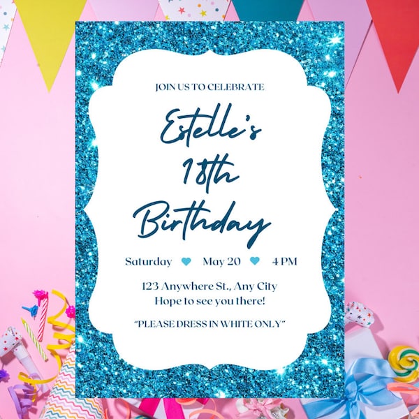 Blue and White Glitter 18th Birthday Invitation