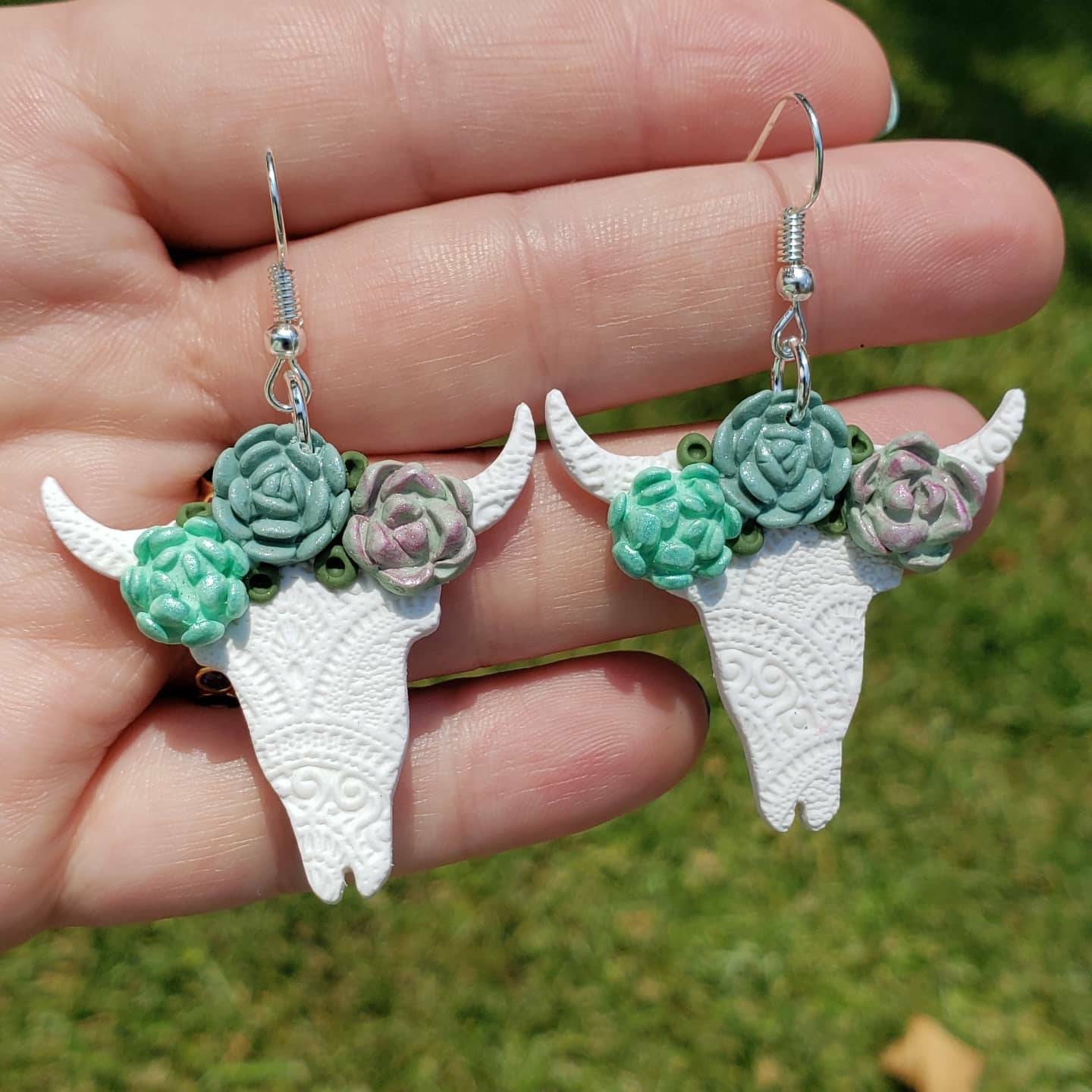 Polymer clay cow skull earrings with succulent crown. Etsy