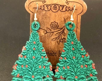 Christmas Tree Earrings, Green Tree with Red Balls, Large Earrings,  Embroidered Earrings, Lightweight Earrings, Holiday gift for her