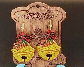 Christmas Bell Jewelry, Bell Earrings, Bell with pine needles earrings, Embroidered Earrings, Lightweight Earrings, Holiday gift for