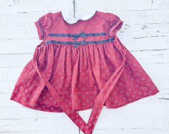 Vintage Red Gingham Baby Girl's Dress with Snowflake Pattern | Vintage Collared Baby Dress | Vintage Baby Dress | Vintage Baby Clothes