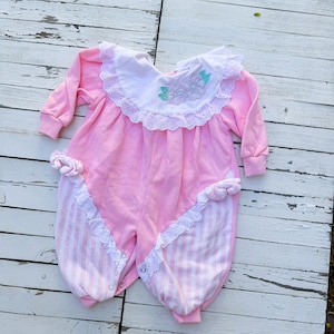 Vintage Pink & White Baby Bubble Romper with Oversized Collar and Lace Detail | 1990s Baby Fashion | Retro Baby Clothing | 24 Months