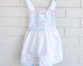 Vintage Baby Girl Floral White Apron Style Dress Retro Baby Toddler Dress | Size 3T | Made in USA