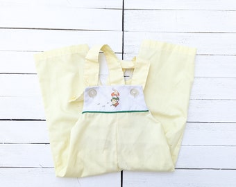 Vintage Yellow Baby Overalls with Clown Print on Bib | Vintage Baby Clothing | Retro Baby Overalls | Made in USA | Size 12 Months