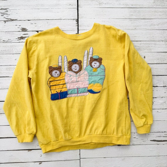 Vintage Yellow Kid's Sweater with Teddy Bear Moti… - image 2