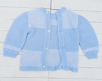 Vintage Blue & White Stripped Hand Knitted Baby Cardigan | Vintage Baby Cardigan | Vintage Baby Clothing