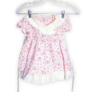 Vintage Pink Floral Baby Girl&#39;s Dress with Collar & Waist Ties