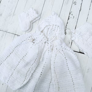 Vintage White Handmade Knitted Baby Set with Hooded Cape, Booties, Bonnet | Vintage Knitted Baby Clothing | Vintage Baby | Retro Baby
