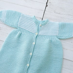 Vintage Blue & White Hand Knitted Baby Bubble Romper with Stripe Detail | Vintage Baby Knit | Vintage Baby Romper