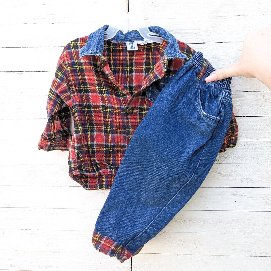 Vintage Plaid Baby Shirt With Matching Jeans Vintage Baby Outfit Retro