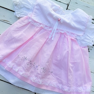 Vintage White & Pink Layered Girl&#39;s Dress with Lace Collar and Embroidered Flowers | Vintage Girl&#39;s Dress | Vintage Baby Dress | 3-6 Months