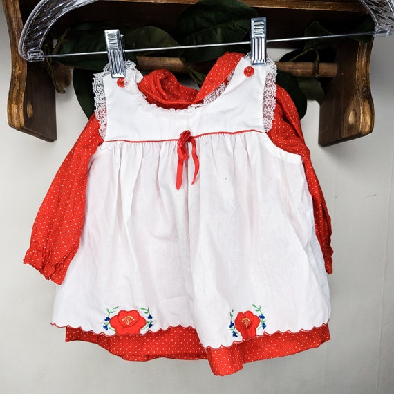 Vintage Red & White Baby Girls Long Sleeved Dress… - image 1