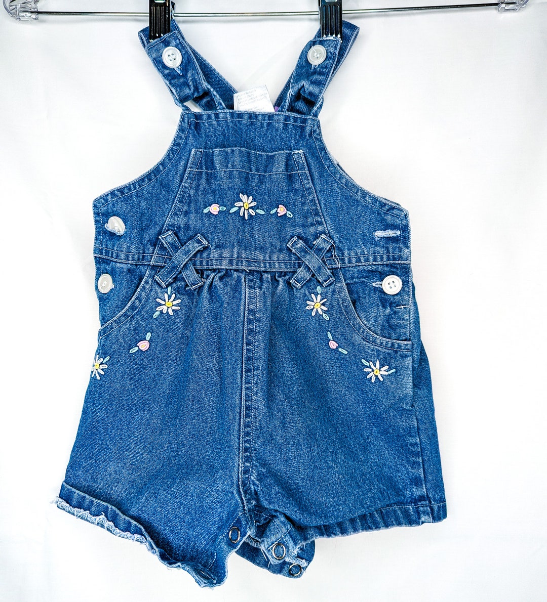 Vintage Blue Denim Baby Overall Shorts With Flower Embroidery Vintage