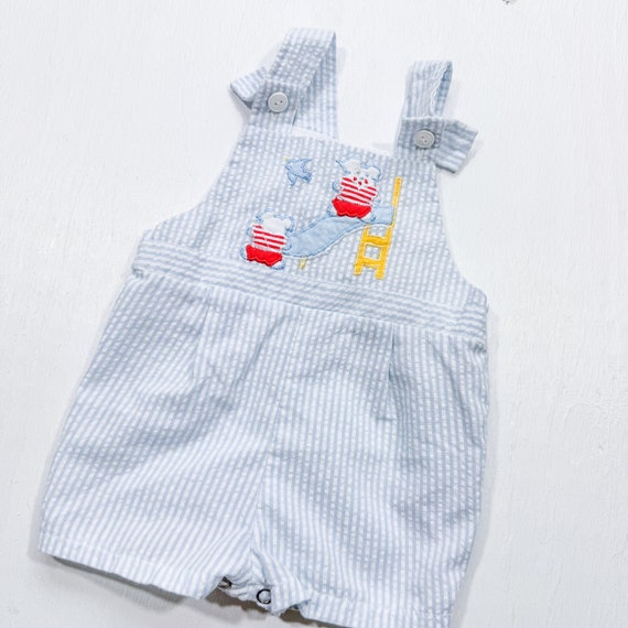 Vintage Blue & White Striped Baby Overalls With C… - image 1