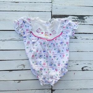 Vintage Healthtex White & Pink Cotton Baby Bubble Romper with Bunny Pattern and Embroidered Details on Bib | Vintage Baby Clothing | 3-6 Mos