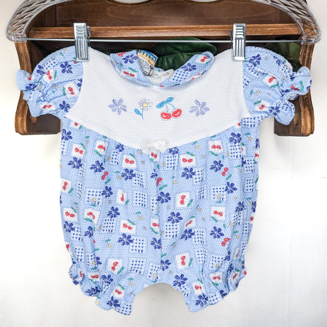 Vintage Blue & White Baby Bubble Romper With Cherries and Cute ...
