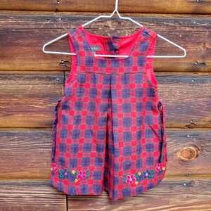 Copper Key Blue & Red Plaid Baby Girl&#39;s Toddler Dress with Embroidered Flowers | Vintage Baby Clothes | Vintage Baby Dress | 2 Toddler