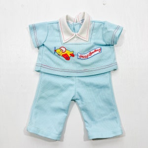 Vintage Catton Candy Blue Baby Boy Matching Set with Airplane Embroidery Detail | Vintage Baby Clothing Set | Retro Baby Clothing