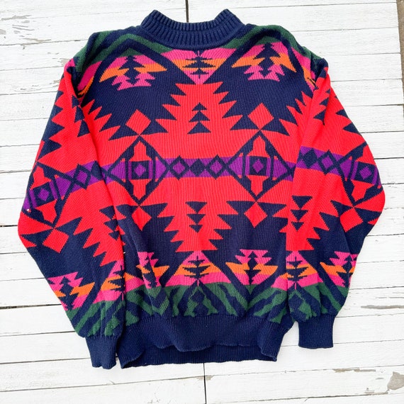Vintage Red & Navy Knitted Adult Sweater Aztec Design | Made Vintage Red & Navy Knitted Adult Sweater Aztec Design | Made