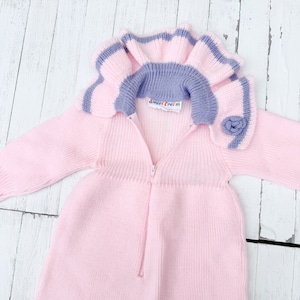 Vintage 1980s Sweet Cream Baby Girl Romper with Ruffle Collar | Size 12 Months | Pink & Pink Knit | Vintage Girl&#39;s Clothing