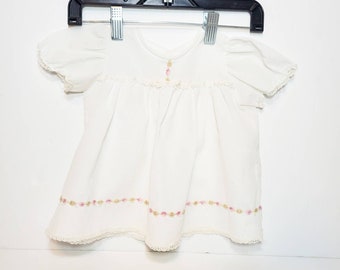 Vintage White Baby Girl's Dress Embroidered Flowers Lace Trip | Vintage Baby Clothes | Vintage Baby Clothing | Vintage Baby Dress