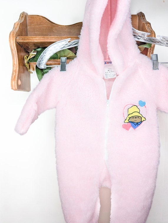 Vintage Paddington Bear Pink Baby Onesie Baby Hoo… - image 1
