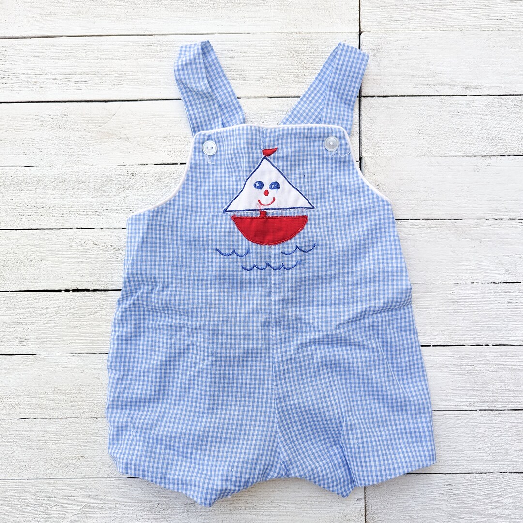 Vintage Blue & White Gingham Baby Bubble Overall Shorts With Sailboat Vintage Baby Overalls