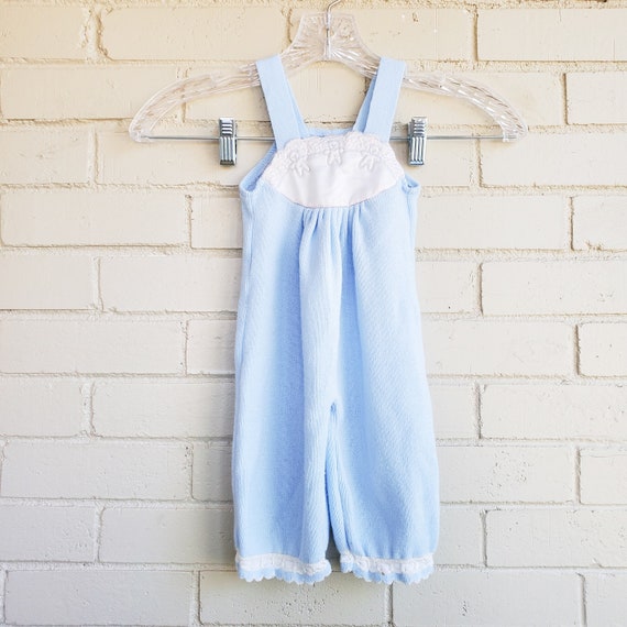 Vintage Blue Knitted Baby Overalls with Detailed … - image 1