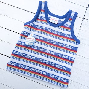 Vintage 1970&#39;s Playstuff Striped Baby Singlet &quot;Go For The Gold&quot; | Vintage Baby T-Shirt | Vintage Baby Clothing | Retro Clothing | 12 Months