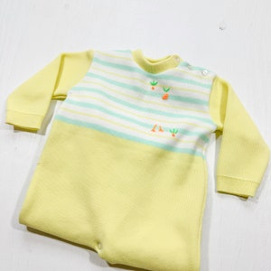 Vintage Novelty Knit Yellow & Blue Knitted Baby Romper | Retro Baby Clothing | Vintage Baby Clothes | Size 12 Months