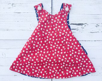 Vintage Handmade Reversible Red Floral Baby Girl's Dress with Circle Skirt and White Buttons | Vintage Baby Dress |