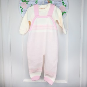 Acrylic Knitted Baby Overalls and Matching Top | Pink & White Baby Overalls | Vintage Baby Overalls | Vintage Baby Clothes | Size 12 Months