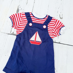Vintage Nautical-Themed Baby Overalls with Sailboat on Chest | Vintage Baby Romper | Retro Baby Clothing | Unique Vintage Baby Clothing